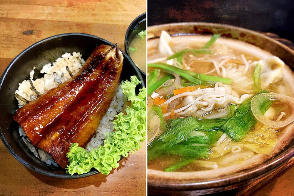 'Unadon' (left) and 'gyoza nabe' (right).