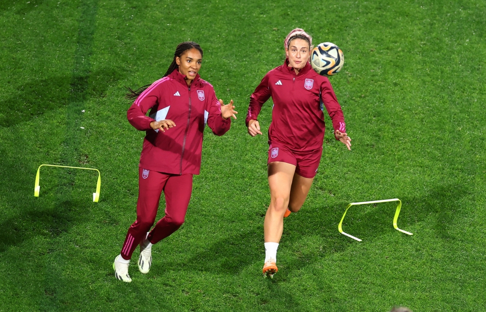 Spain’s Salma Paralluelo and Alexia Putellas during training at Stadium Australia in Sydney, August 19, 2023. — Reuters pic