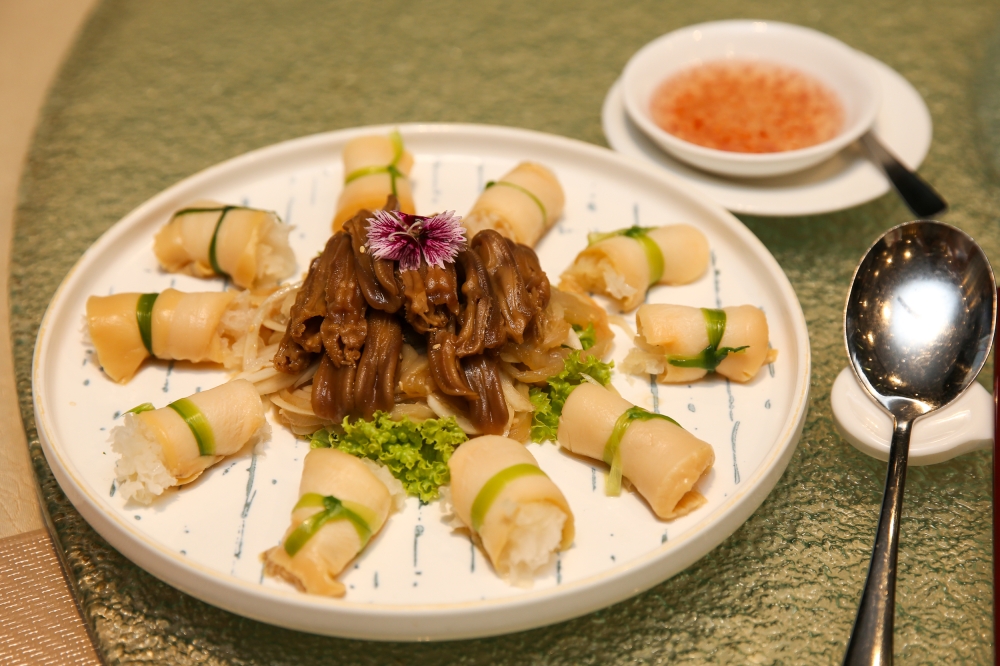 Relish Abalone Roll and Duck Tongues Braised in Special Sauce, a dish from China's prestigious Diaoyutai State Guesthouse, where Ah Soon Kor was a guest chef.
