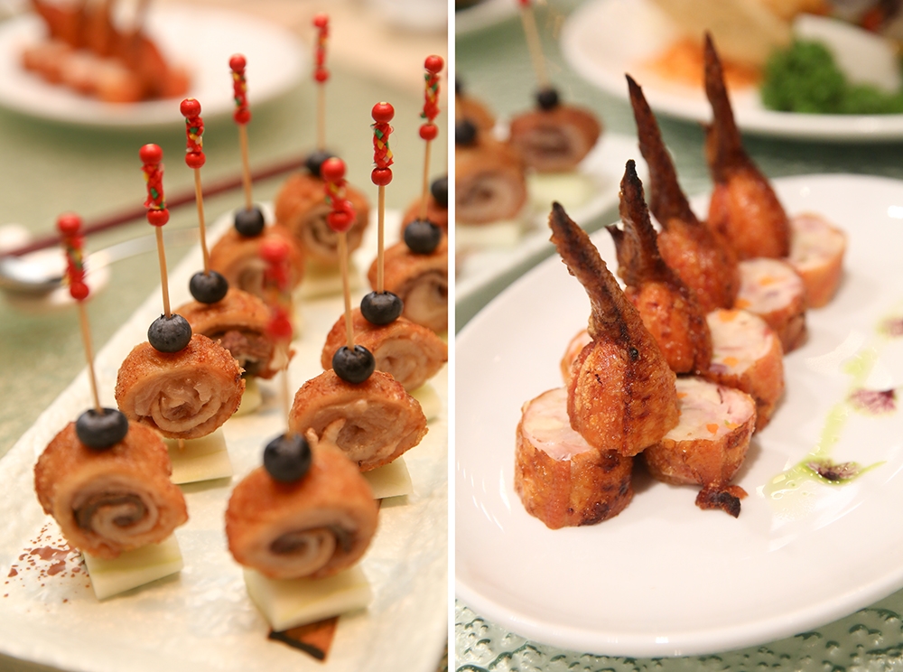 Bite into the Fengcheng Style Pork and Liver Roll with its layers of meat, fat and liver (left). There's no need to tackle pesky bones with the Stuffed Old Style Chicken Wing (right).