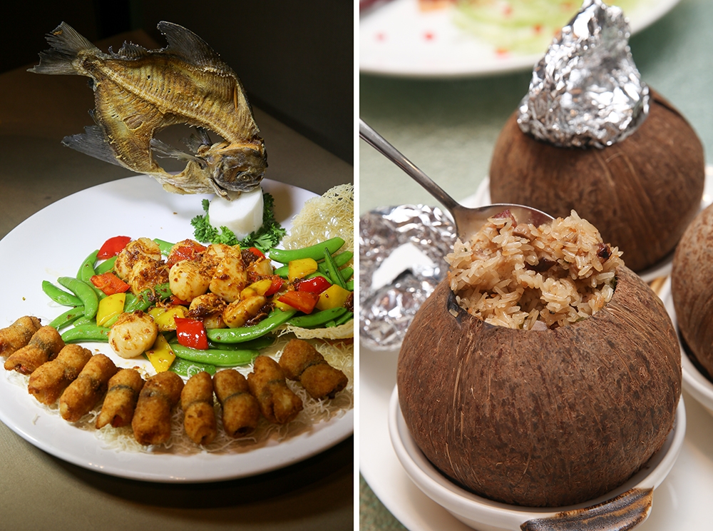 Deep-fried Pomfret and Stir Fried Scallop with XO Sauce gives you fish rolls and plump scallops paired with dried prawns from the XO sauce (left). Baked Glutinous Rice in Fragrant Coconut is a nice way to enjoy the rice cooked with aromatic waxed meats (right).