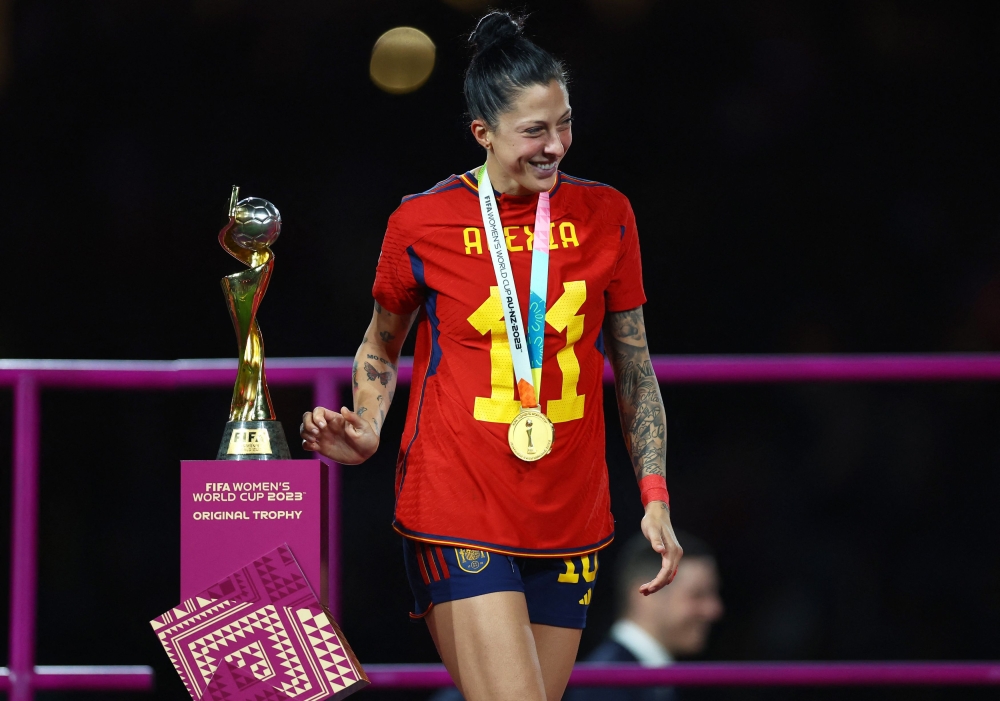 Spain's Jennifer Hermoso celebrates with the trophy after winning the world cup at Stadium Australia in Sydney August 20, 2023. — Reuters pic