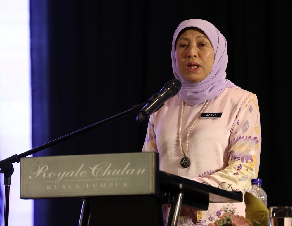 Datuk Seri Nancy Shukri said the three focuses were first, improvements to policies and laws such as the National Women’s Policy and the full implementation of the Anti-Sexual Harassment Act 2022. — Bernama pic 