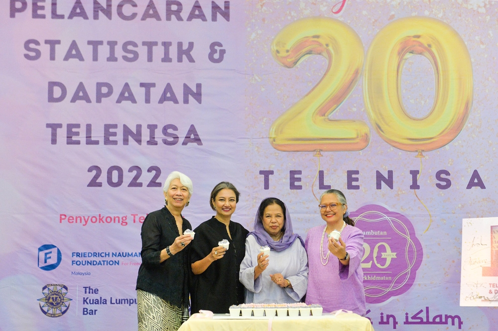 (From left) SIS board members, Fatimah Merican, Shareena Sheriff, Aishah Ali and executive director Rozana Isa during the launch of SIS' Telenisa 2022 Reports in Petaling Jaya, July 22, 2023. — Picture by Miera Zulyana