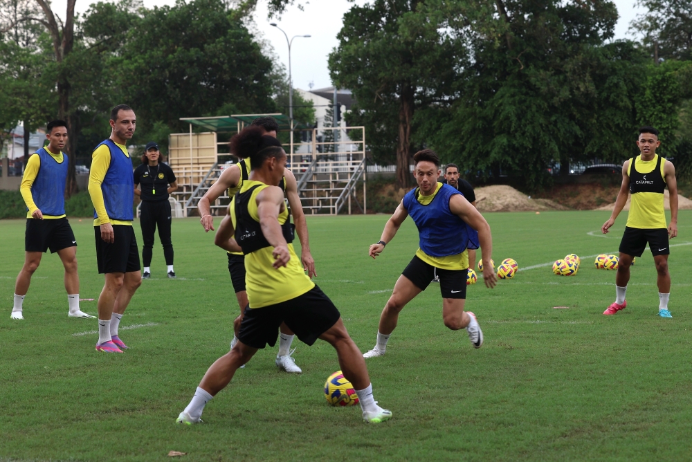 Harimau Malaya squad actively training in aiming on Tier 1 international friendlies against Syria and China in Chengdu China next month, Petaling Jaya, August 30, 2023. — Bernama pic 