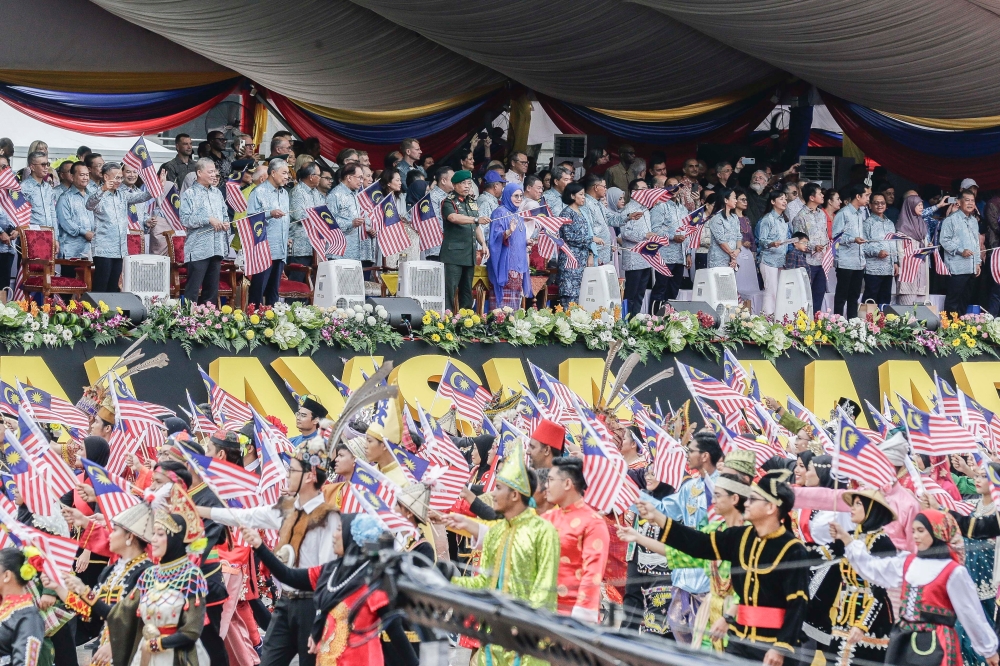 Yang di-Pertuan Agong Al-Sultan Abdullah Riayatuddin Al-Mustafa Billah Shah along with the VIPs watching the Merdeka Day parade in Putrajaya August 31, 2023. ― Picture by Sayuti Zainudin