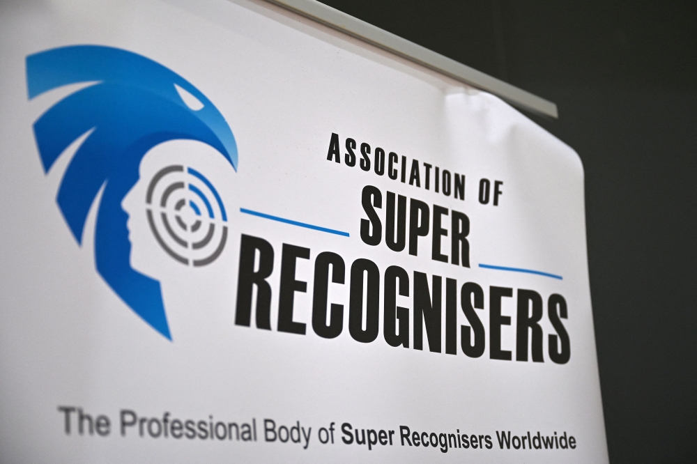 A sign shows The Association of Super Recognisers logo during a media event at a Thames Valley Police training facility in Sulhamstead near Reading on August 24, 2023. — AFP pic