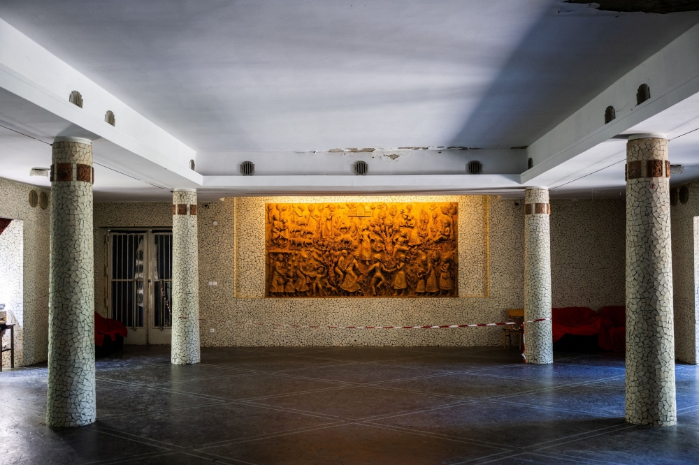 A mural is seen inside the empty canteen at Hungary's derelict Inota thermal power plant in Varpalota, Hungary, June 29, 2023. — Reuters pic