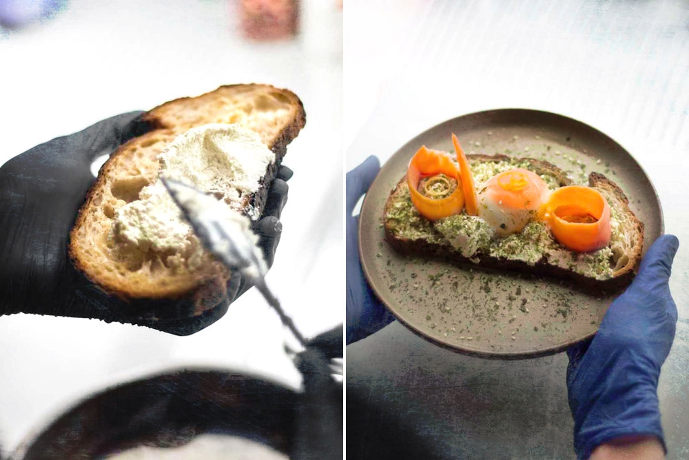 Spreading some ricotta onto the toast is the first step to making their Smoked Salmon toast.