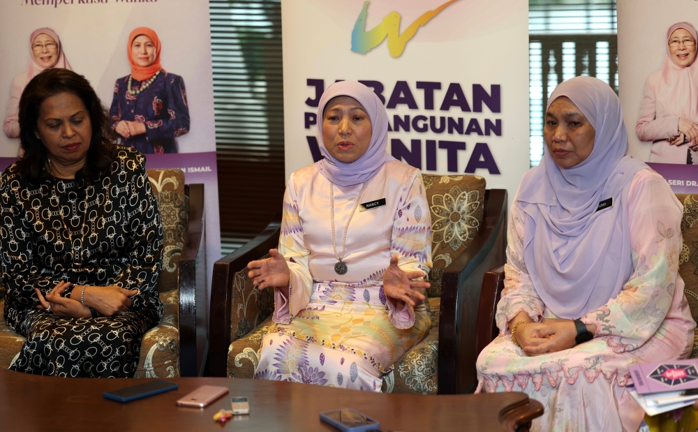 Women, Family and Community Development Minister Datuk Seri Nancy Shukri at a press conference after the Special Discussion Session on Women's Love: MADANI Economy Empowering Women at a hotel in Kuala Lumpur, August 29, 2023. — Bernama pic