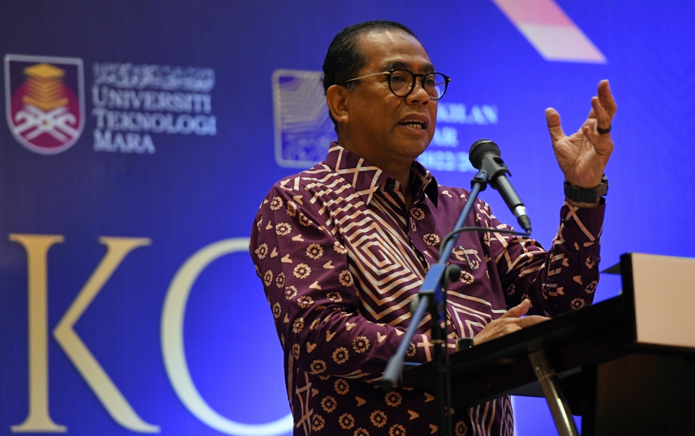Higher Education Minister Datuk Seri Mohamed Khaled Nordin delivers his speech  at the opening of the UiTM SeMalaysia Student Representative Council  Convention in George Town September 4, 2023. — Bernama pic