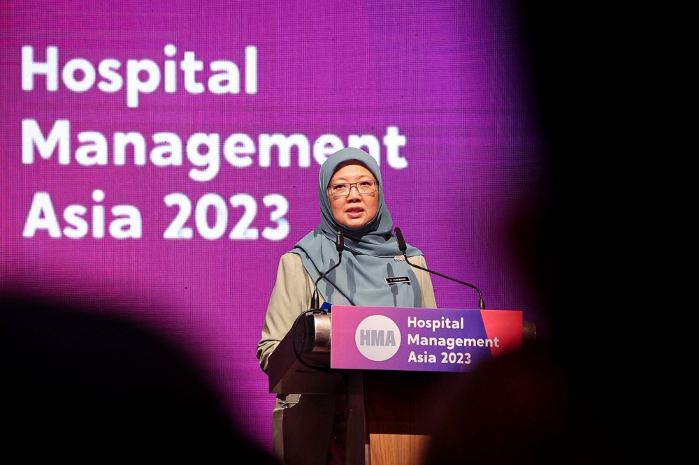 Health Minister Dr Zaliha Mustafa speaks at the opening ceremony of Hospital Management Asia conference in Kuala Lumpur, September 5, 2023. — Bernama pic 
