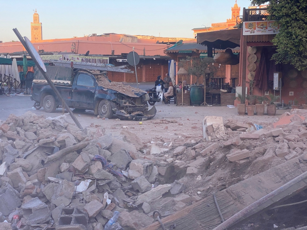 A view of a damaged vehicle in the historic city of Marrakesh, following a powerful earthquake in Morocco, September 9, 2023. — Reuters pic
