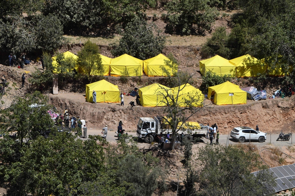 Shelter tents are erected by Moroccan authorities for the survivors of the deadly 6.8-magnitude September 8 earthquake, in the village of Tikht near Adassil in central Morocco on September 10, 2023. — AFP pic