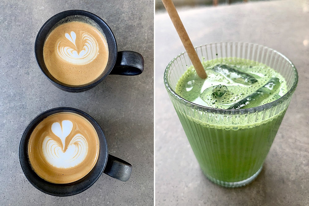 Flat whites (left) and Wakatake Matcha Latte.