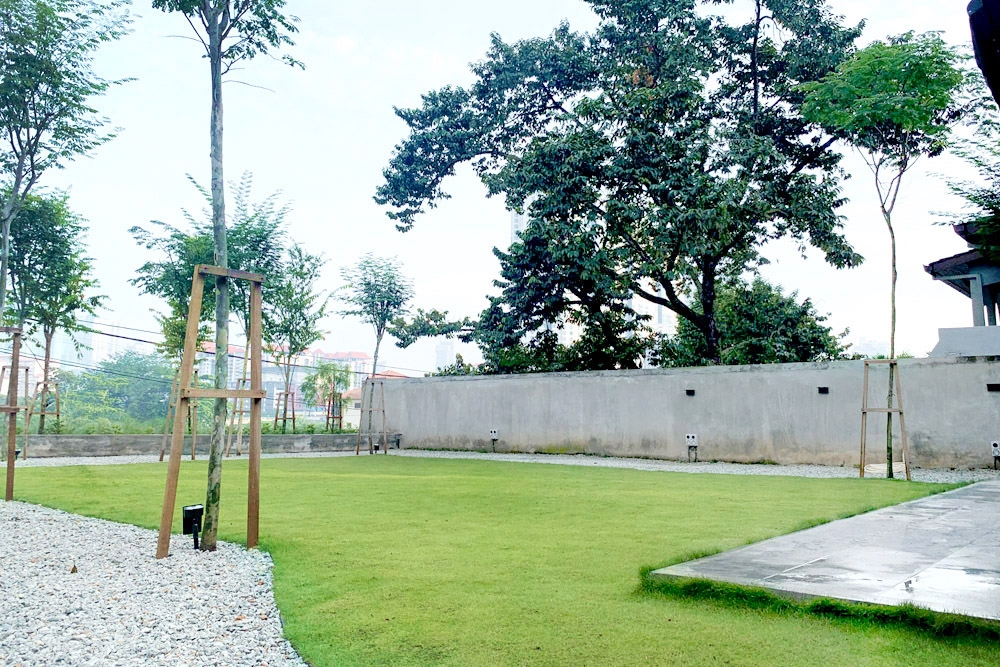The pristine, neatly mown lawn and a smattering of young trees.