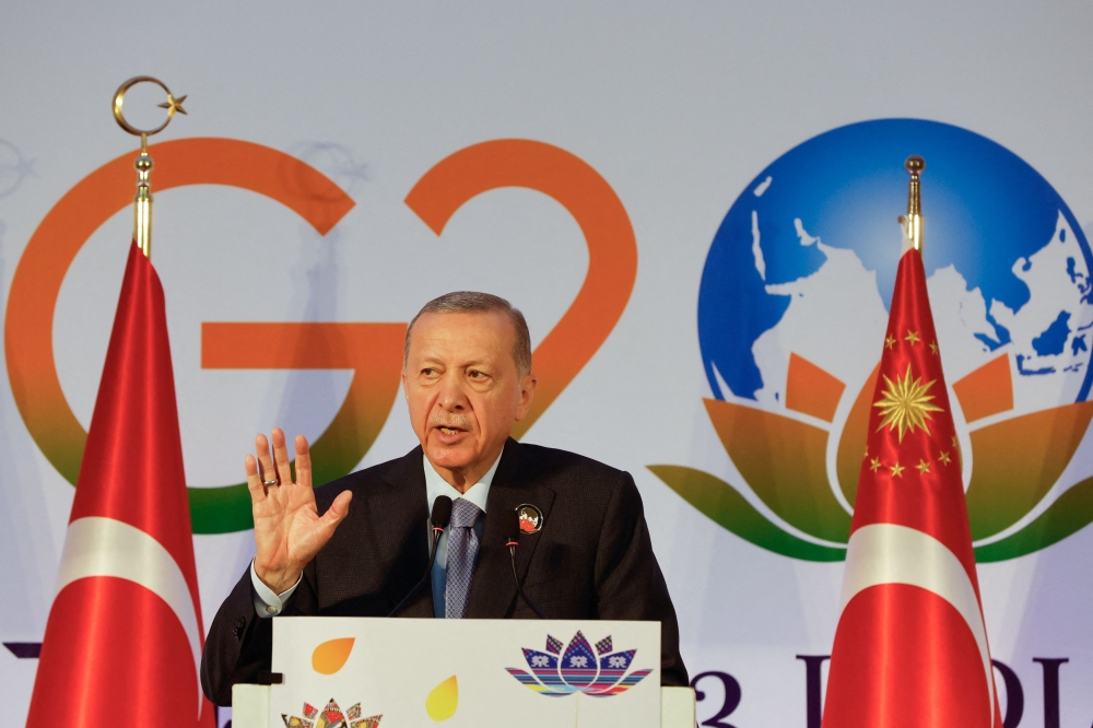 File photo of Turkish President Tayyip Erdogan attending a press conference on the sidelines of the G20 Summit in New Delhi, India, September 10, 2023. — Reuters pic