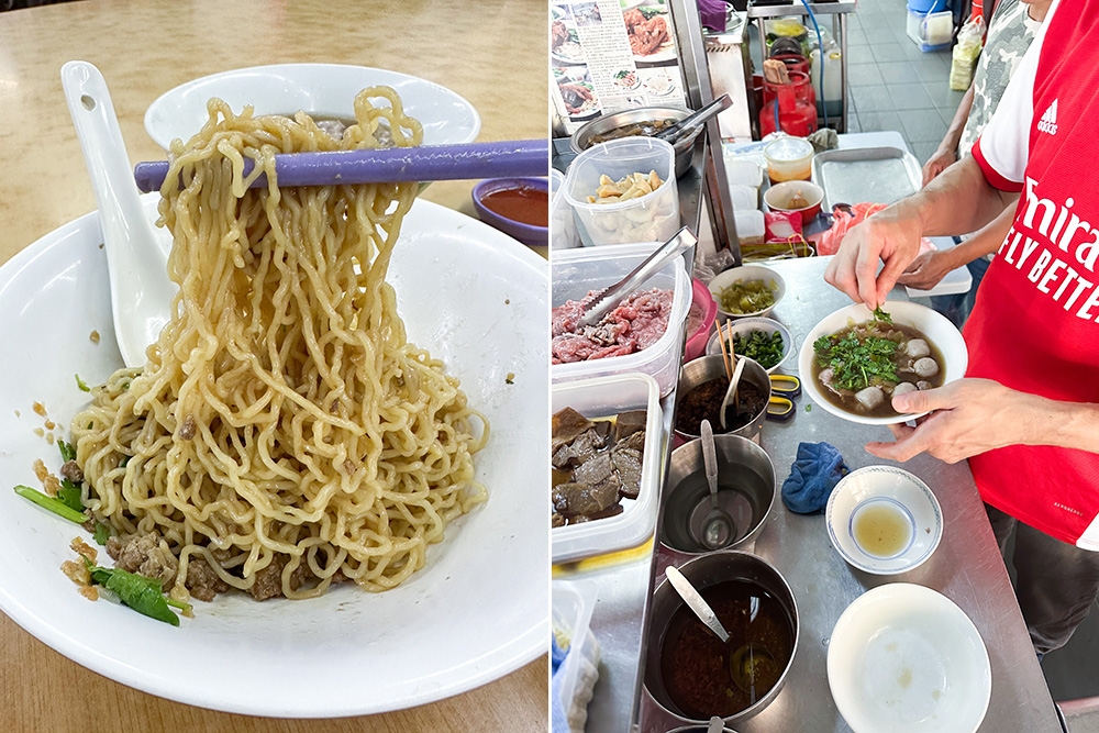 The egg noodles have little alkaline water but they have a nice bite to them (left). Each bowl of beef noodles is given a final flourish of fresh herbs (right).