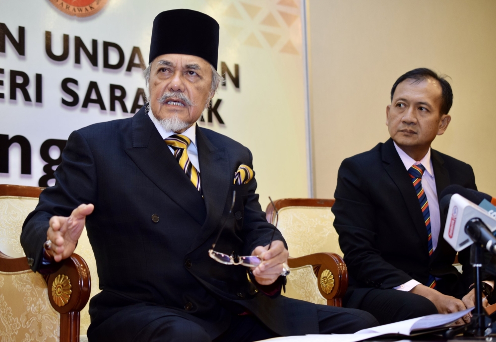 Speaker Tan Sri Datuk Amar Mohd Asfia Awang Nassar (left) and DUN Secretary Pele Peter Tinggom at the press conference. ― Picture by Roystein Emmor via Borneo Post