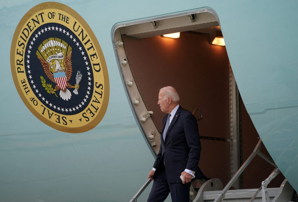 US President Joe Biden steps from Air Force One upon his arrival in New York September 17, 2023. — Reuters pic