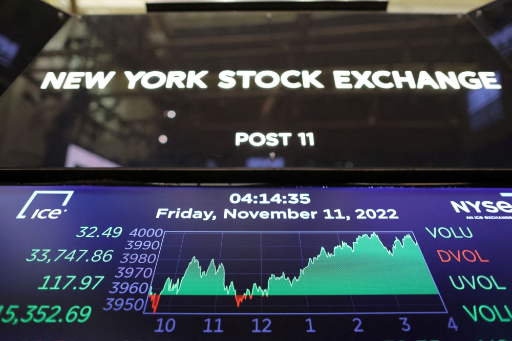 The Dow Jones Industrial Average (DJI) is seen after the market close on the trading floor at the New York Stock Exchange (NYSE) in Manhattan November 11, 2022. — Reuters pic