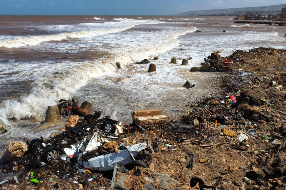 An aerial view showing the destruction on the shores of Derna. — AFP pic