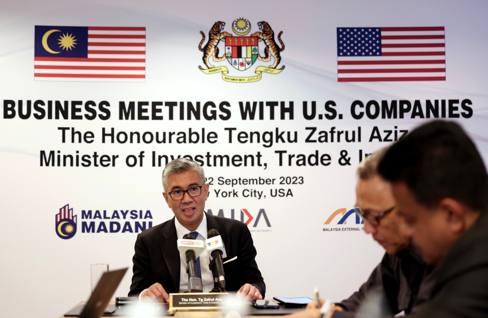 Investment, Trade and Industry Minister Datuk Seri Tengku Zafrul Tengku Abdul Aziz speaks during a press conference in New York September 20, 2023. ― Bernama pic
