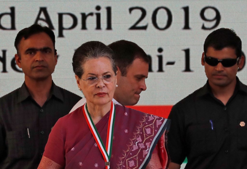 Rahul Gandhi, President of India's main opposition Congress party, and his mother and leader of the party Sonia Gandhi arrive to release their party's election manifesto for the April/May general election in New Delhi, India, April 2, 2019. — Reuters pic