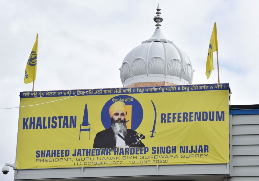An image of former Gurdwara President Jathedar Hardeep Singh Nijjar is displayed at the Guru Nanak Sikh Gurdwara temple in Surrey, British Columbia, Canada, on September 19, 2023. — AFP pic