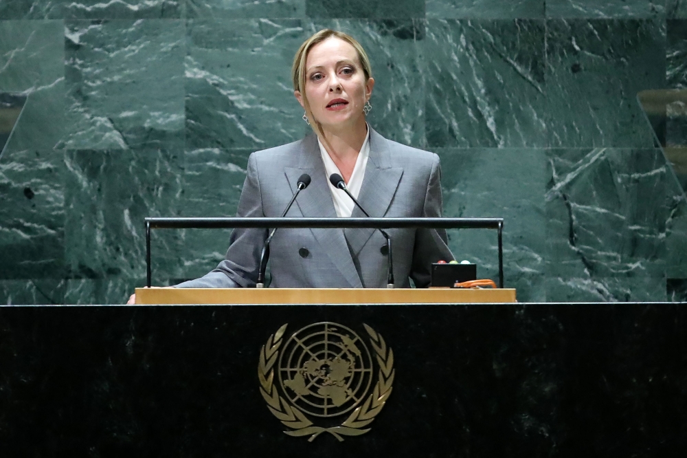 Italy’s Prime Minister Giorgia Meloni yesterday urged the United Nations to launch a global war without mercy against migrant smugglers, after a surge of arrivals on the island of Lampedusa. — AFP pic