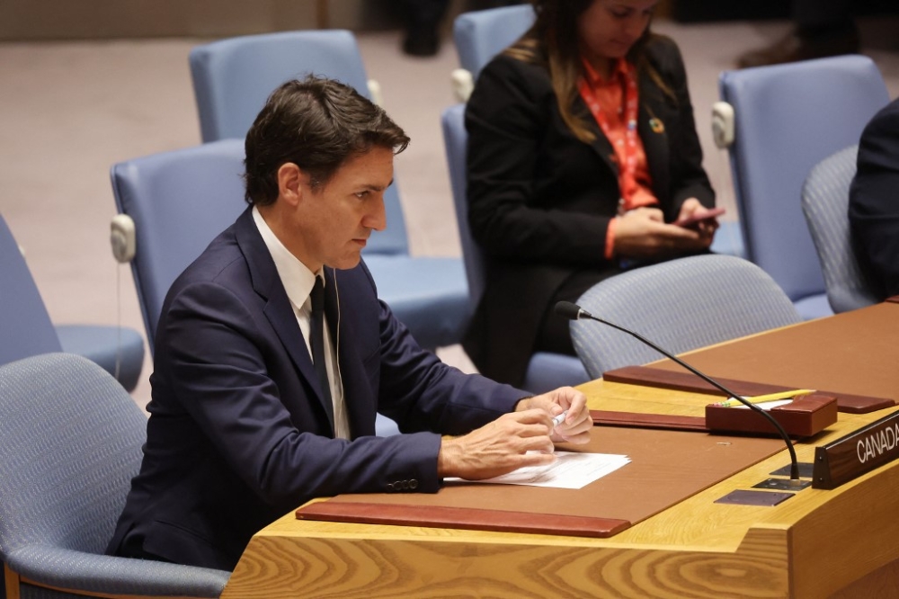 Canadian Prime Minister Justin Trudeau speaks at a UN Security Council meeting during the United Nations General Assembly (UNGA) on September 20, 2023 in New York City. — AFP pic