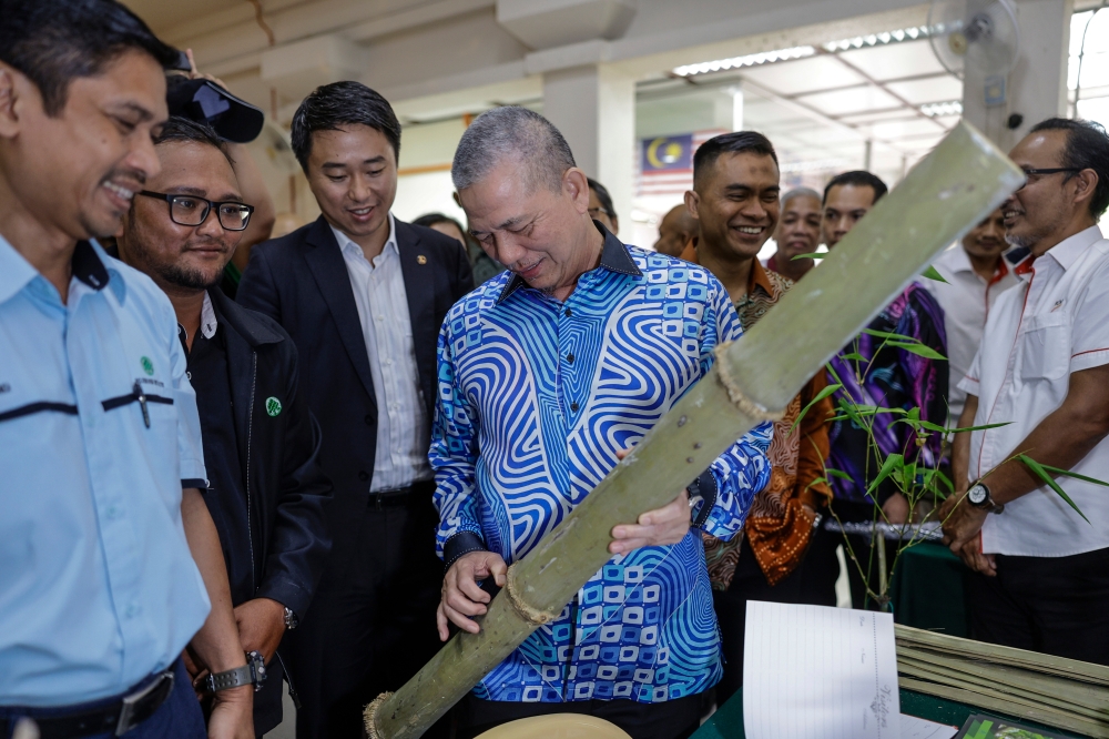 Deputy Prime Minister Datuk Seri Fadillah Yusof looks at a bamboo exhibit during the celebration of World Bamboo Day Malaysia 2023 in Kuala Lumpur September 21, 2023. — Bernama pic
