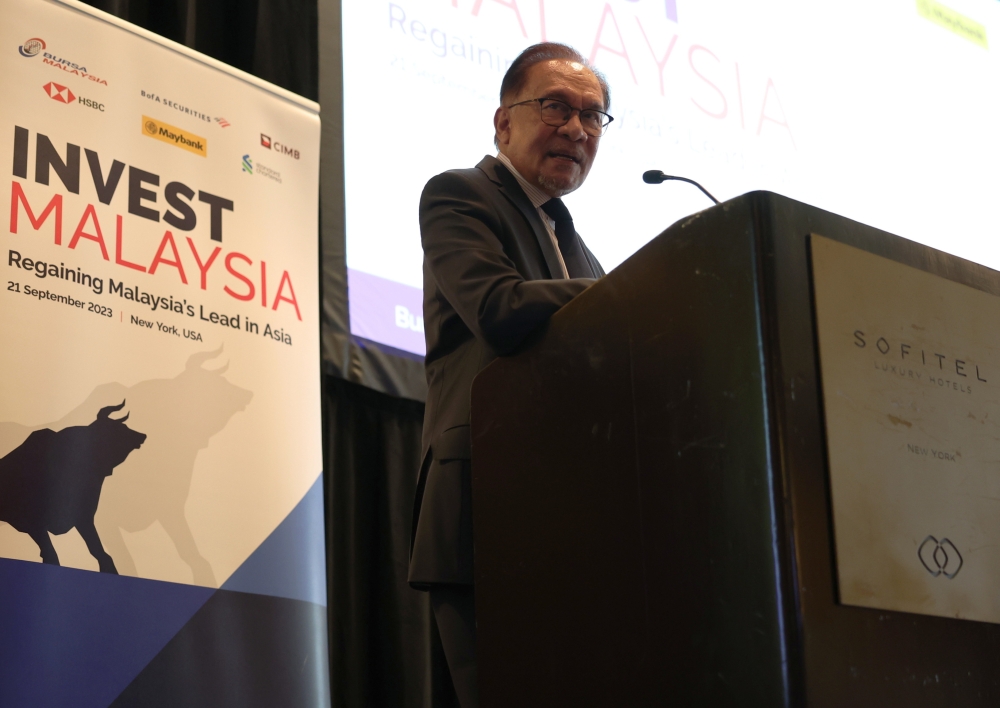 Prime Minister Datuk Seri Anwar Ibrahim speaks during the Invest Malaysia New York event, September 22, 2023. ― Bernama pic