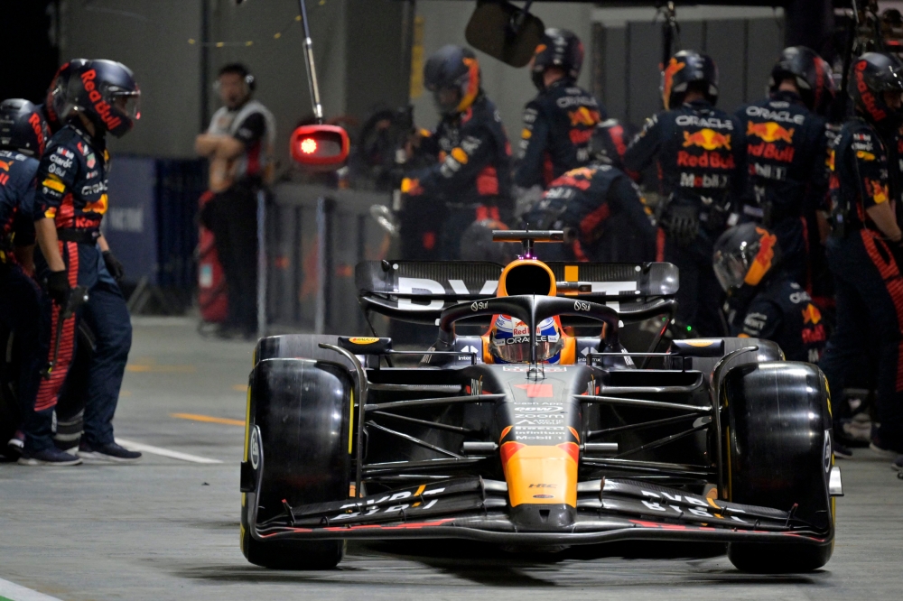 Red Bull’s Max Verstappen in the pits during the race at Marina Bay Street Circuit, Singapore, September 17, 2023. — Reuters pic 