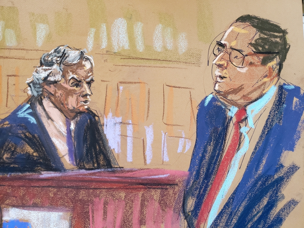 Justice Arthur Engoron listens to Trump's lawyer Clifford Robert during a hearing related to New York Attorney General Letitia James' civil lawsuit alleging that former US President Donald Trump ran a systematic fraud at his family business at a courthouse in New York September 22, 2023 in this courtroom sketch. — Reuters pic