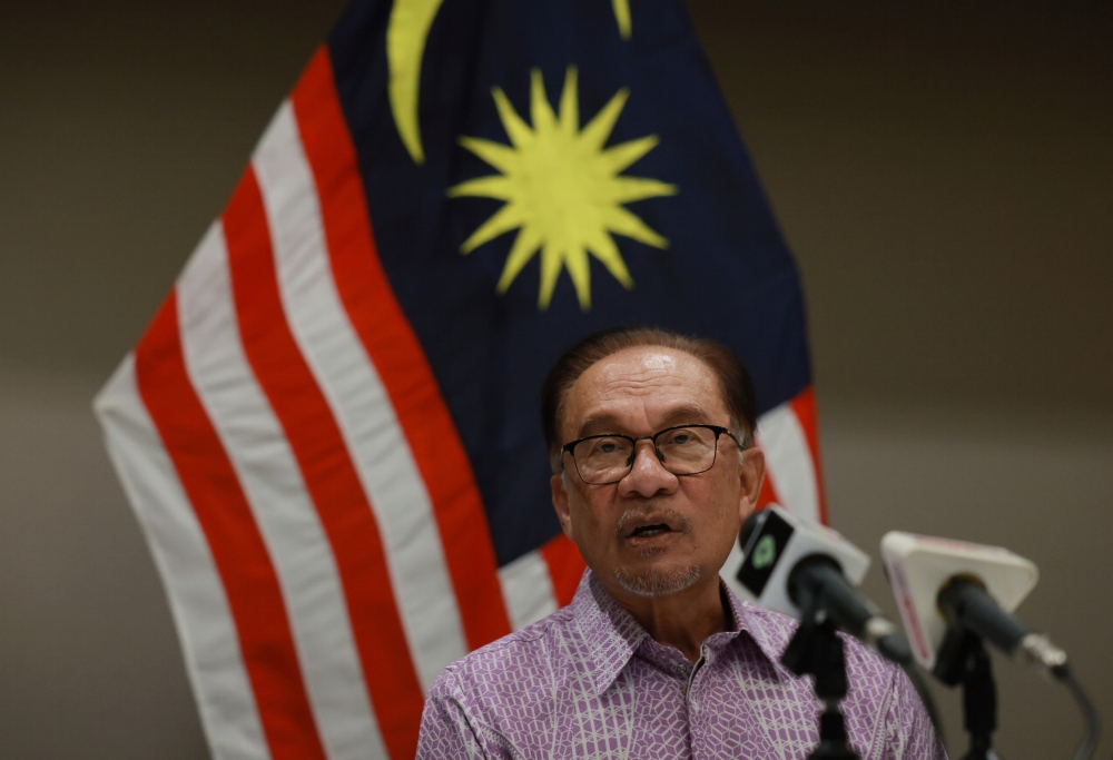 Prime Minister Datuk Seri Anwar Ibrahim speaks during a press conference at the end of his four-day visit to New York September 24, 2023. — Bernama pic