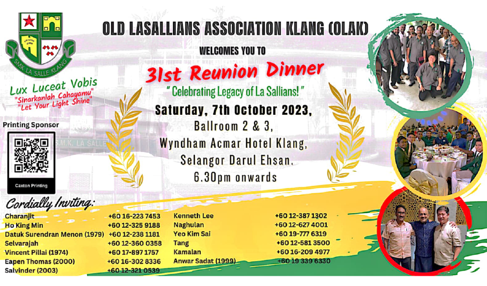Old Lasallians Association Klang will be hosting its 31st reunion dinner next month to bring together old schoolmates and teachers for a fundraising dinner. — Picture courtesy of Old Lasallians Association Klang 