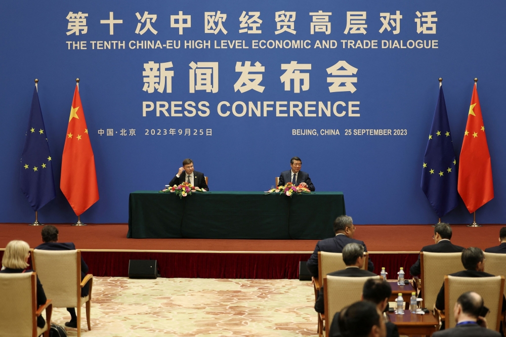 European Commission's Executive Vice President Valdis Dombrovskis and Chinese Vice Premier He Lifeng attend a joint press conference following the 10th China-EU High-Level Economic and Trade Dialogue at the Diaoyutai State Guesthouse in Beijing September 25, 2023. — Reuters pic