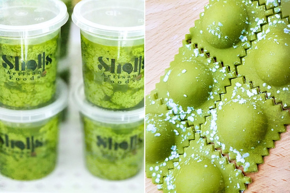 Go green: Genovese Basil Pesto Sauce (left). Spinach Ricotta Ravioli (right).