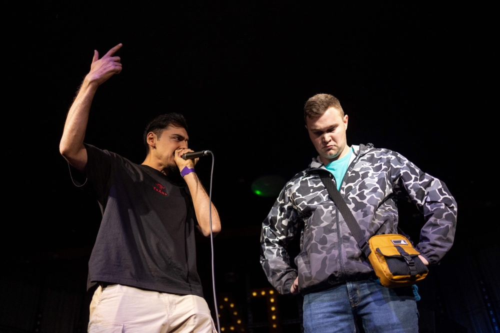 Beatboxers Stan (left) and Conundrum compete in the solo final during the 