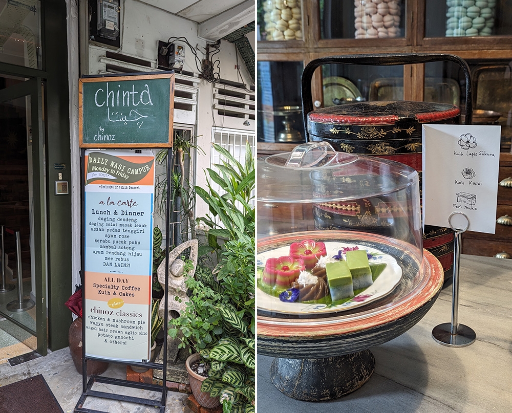 The board out front by Chinta which lets you know you’re in the right place (left). Just the cutest 'kuih' display by the front of the restaurant (right). 
