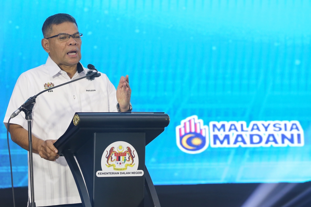 Home Minister Datuk Seri Saifuddin Nasution Ismail speaks during the KDN Madani programme at Bandar Tun Razak Sport Complex in Kuala Lumpur October 1, 2023. — Picture by Yusof Mat Isa