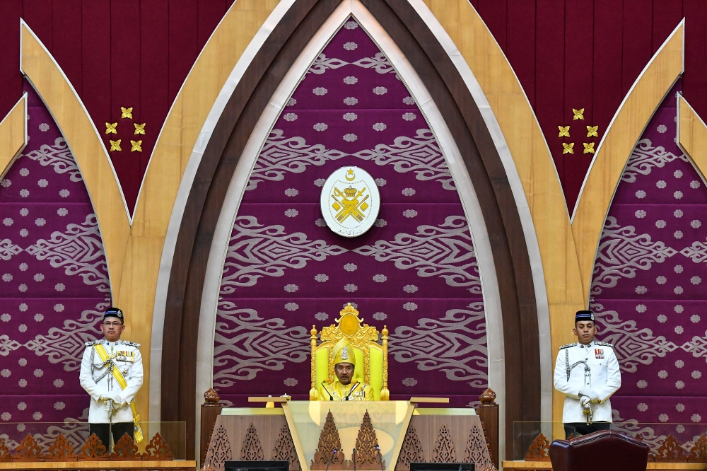  Sultan Mizan Zainal Abidin of Terengganu is seen at the opening ceremony of the First Session of the 15th Terengganu State Legislative Assembly sitting at Wisma Darul Iman, Kuala Terengganu October 1, 2023. — Bernama pic