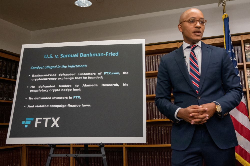 US attorney Damian Williams speaks to the media regarding the indictment of Samuel Bankman-Fried the founder of failed crypto exchange FTX in New York City December 13, 2022. — Reuters pic