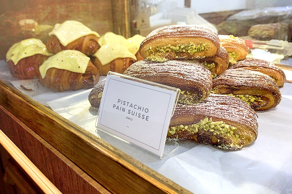 'Viennoserie' or breakfast pastries such as almond croissants and pistachio 'pain suisse'.