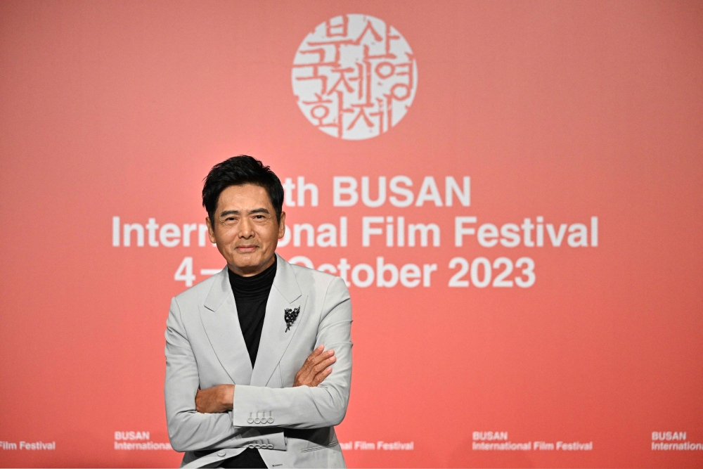 Hong Kong actor Chow Yun Fat poses during a press conference at the 28th Busan International Film Festival (BIFF) in Busan October 5, 2023. — AFP pic