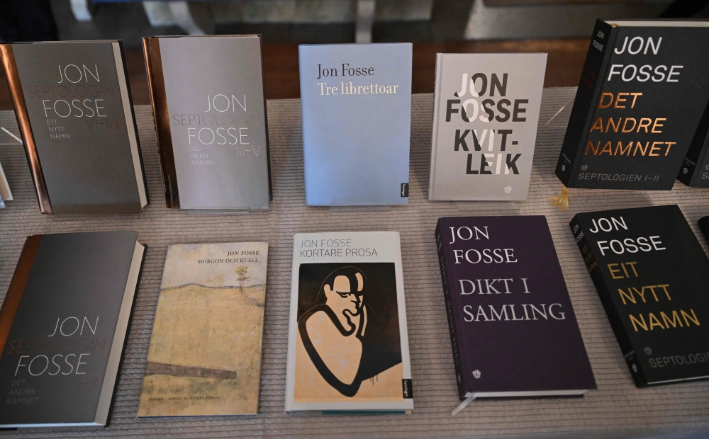 Books by Norwegian author Jon Fosse are displayed after the announcement of the winners of the 2023 Nobel Prize in literature at Swedish Academy in Stockholm on October 5, 2023. — AFP pic