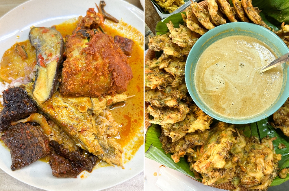 My plate is filled with proteins that I cannot resist like 'gulai ikan', 'paru goreng', fried chicken. There's also 'pajeri nenas', eggplant and 'tempe' too (left). Hidden in a corner was this tempting 'cucur' with a sauce (right)
