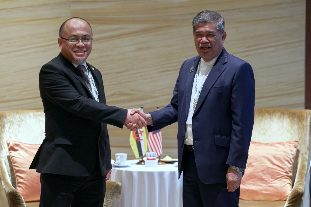 (From left) Minister of Agriculture and Food Security Datuk Seri Mohamad Sabu and Brunei’s Primary Resources and Tourism Minister Datuk Awang Abdul Manaf Metussin shake hands during a discussion in conjunction with the 45th Asean Ministers' Meeting on Agriculture and Forestry (Amaf) at a hotel in Kuala Lumpur October 6, 2023. — Bernama pic