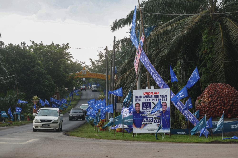 Barisan Nasional and Perikatan Nasional flags are seen along the road in Bentong October 6, 2023. ― Bernama pic